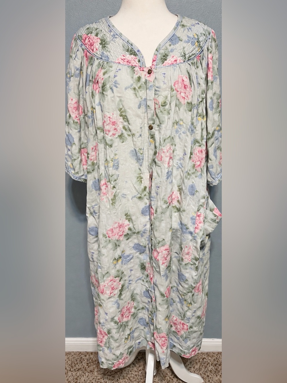 Vintage Barbizon Floral Housecoat Duster Robe Snap Front Pockets Cottagecore 3X